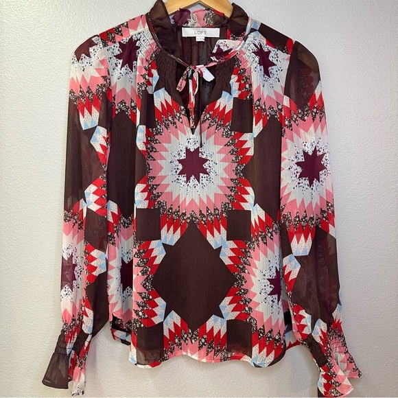 NWT LOFT Garden Smocked Ruffle Tie Neck Blouse Windsor Wine Ruffle Sheer Flowy - Picture 4 of 10